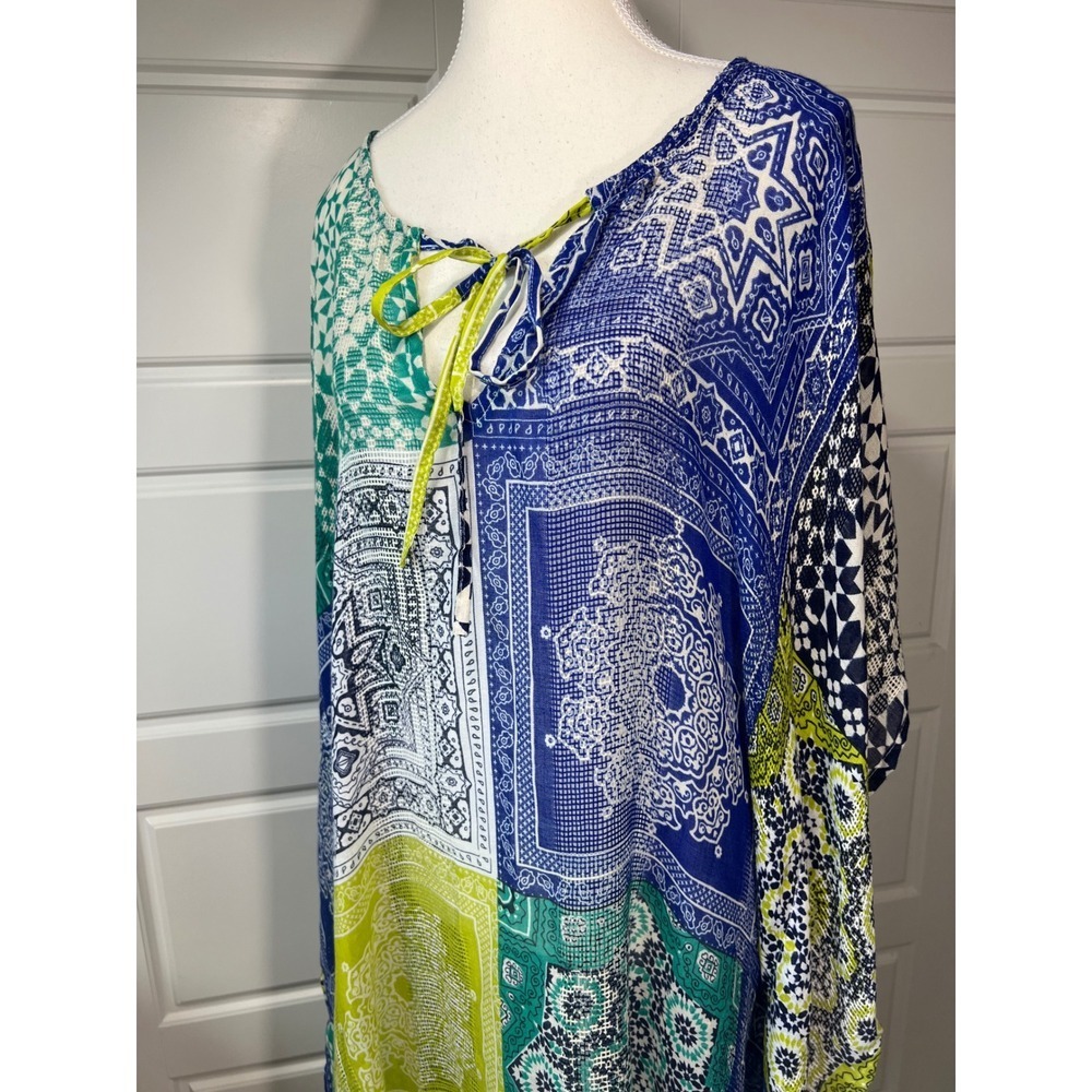 NWT Avenue Women's Patchwork Print Cover-Up Tunic Top Blue Green Yellow OS - Picture 2 of 10